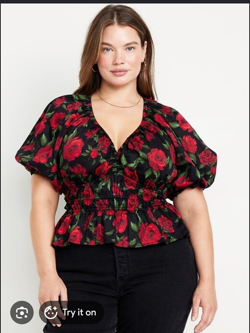 Old Navy Black Puff-Sleeve Rose Print Top Sz 4x NWT